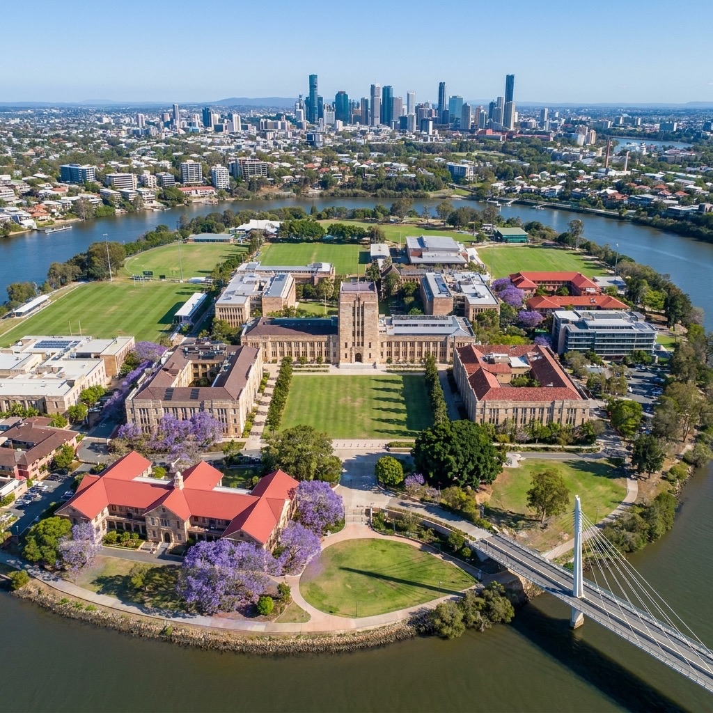 Aerial view of the University of Queensland's St Lucia campus on a bend of the Brisbane River, with the Brisbane skyline beyond